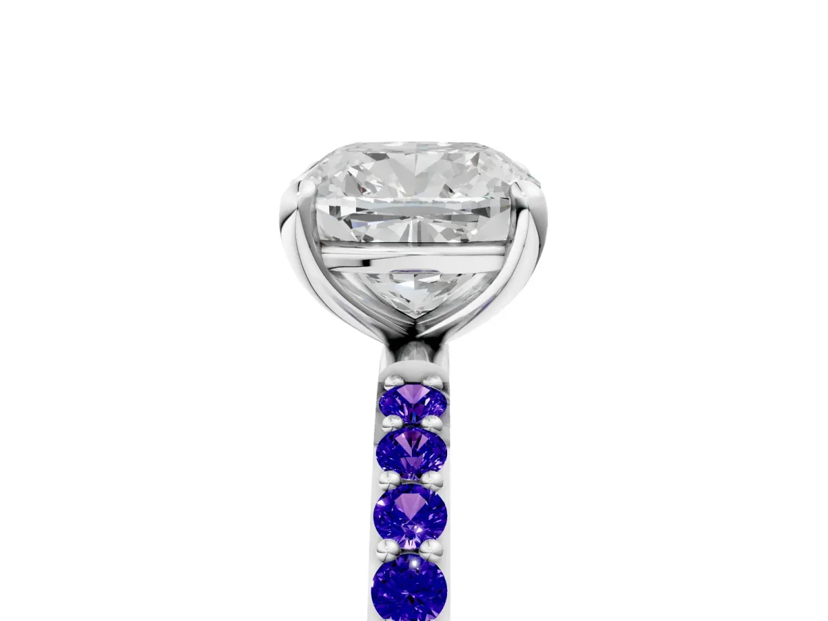 Cushion Cut Diamond Solitaire Ring with Round Tanzanite Pavé Band and Prong Setting Silver