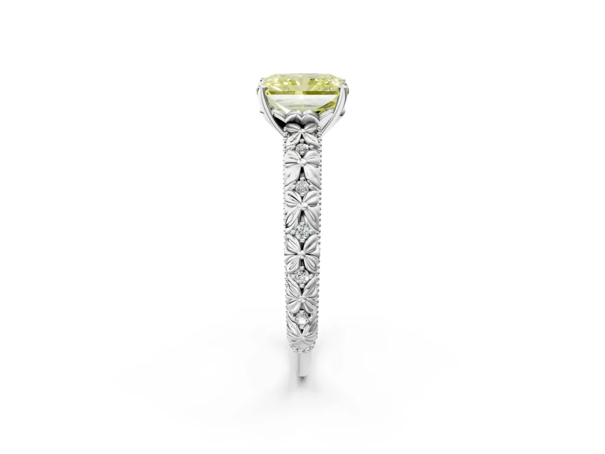 Fancy Yellow Radiant Cut Solitaire Floral Milgrain Engagement Ring Platinum