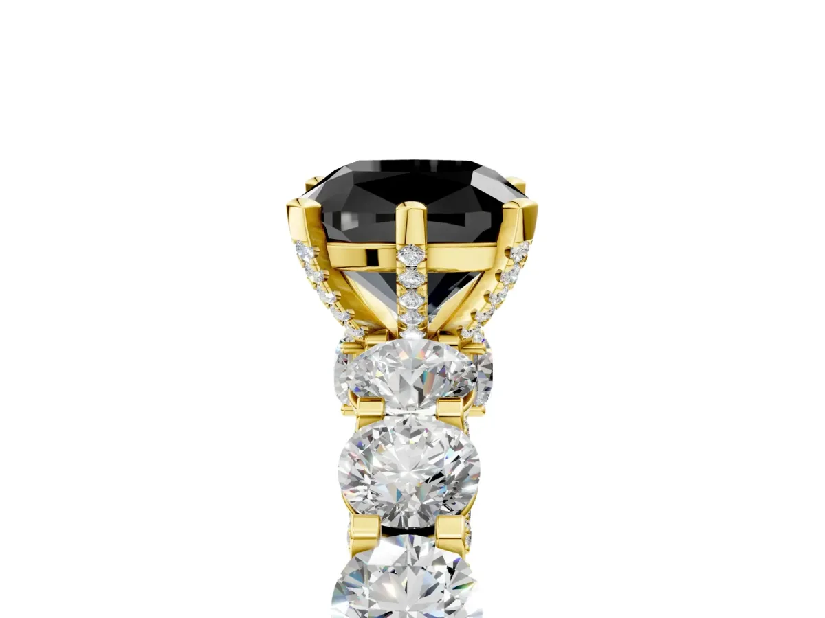 Fancy Black Cushion Cut Diamond Side Stone Engagement Ring with Four-Prong Setting Yellow gold