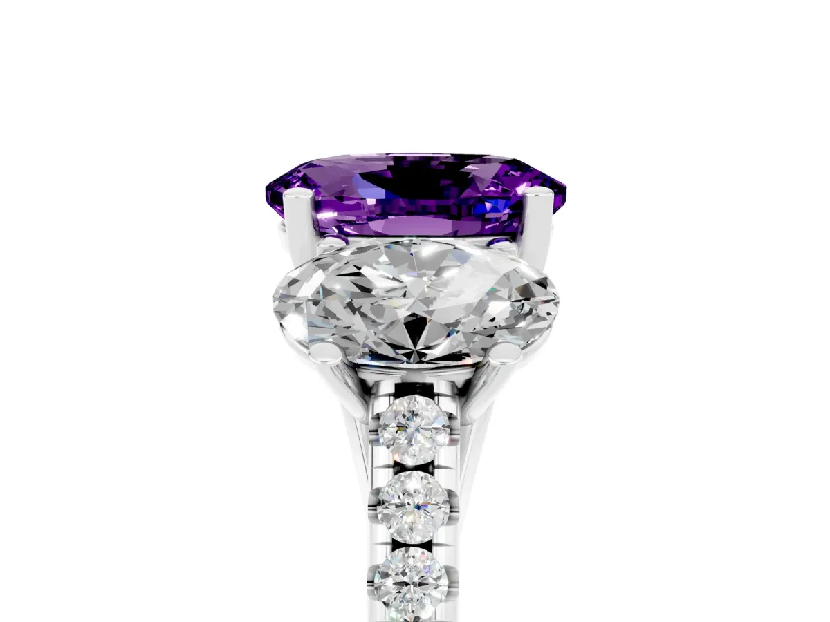 Three-Stone Oval Cut Amethyst Ring with Round Pavé Band and Prong Setting Platinum
