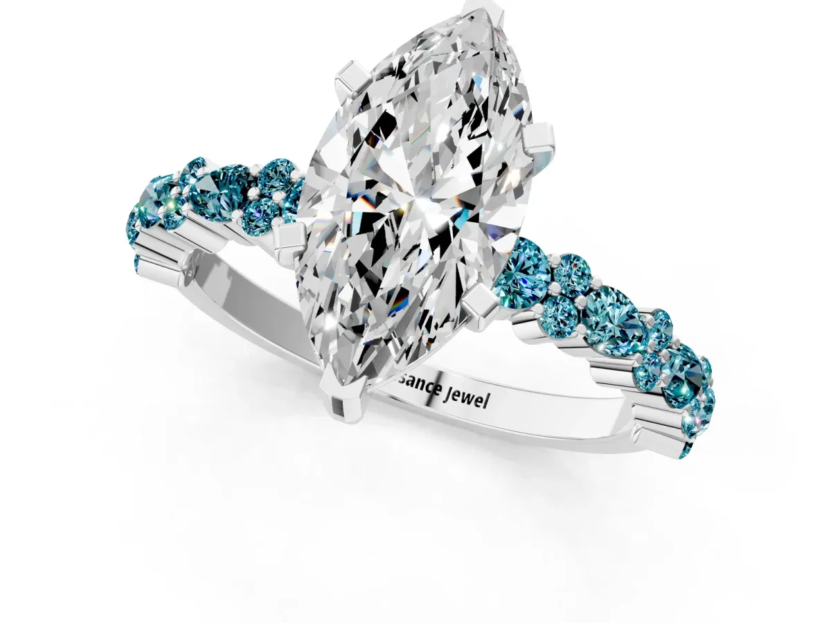 Marquise Cut Diamond Side Stone Solitaire Ring with Round Blue Topaz and Four-Prong Setting Silver
