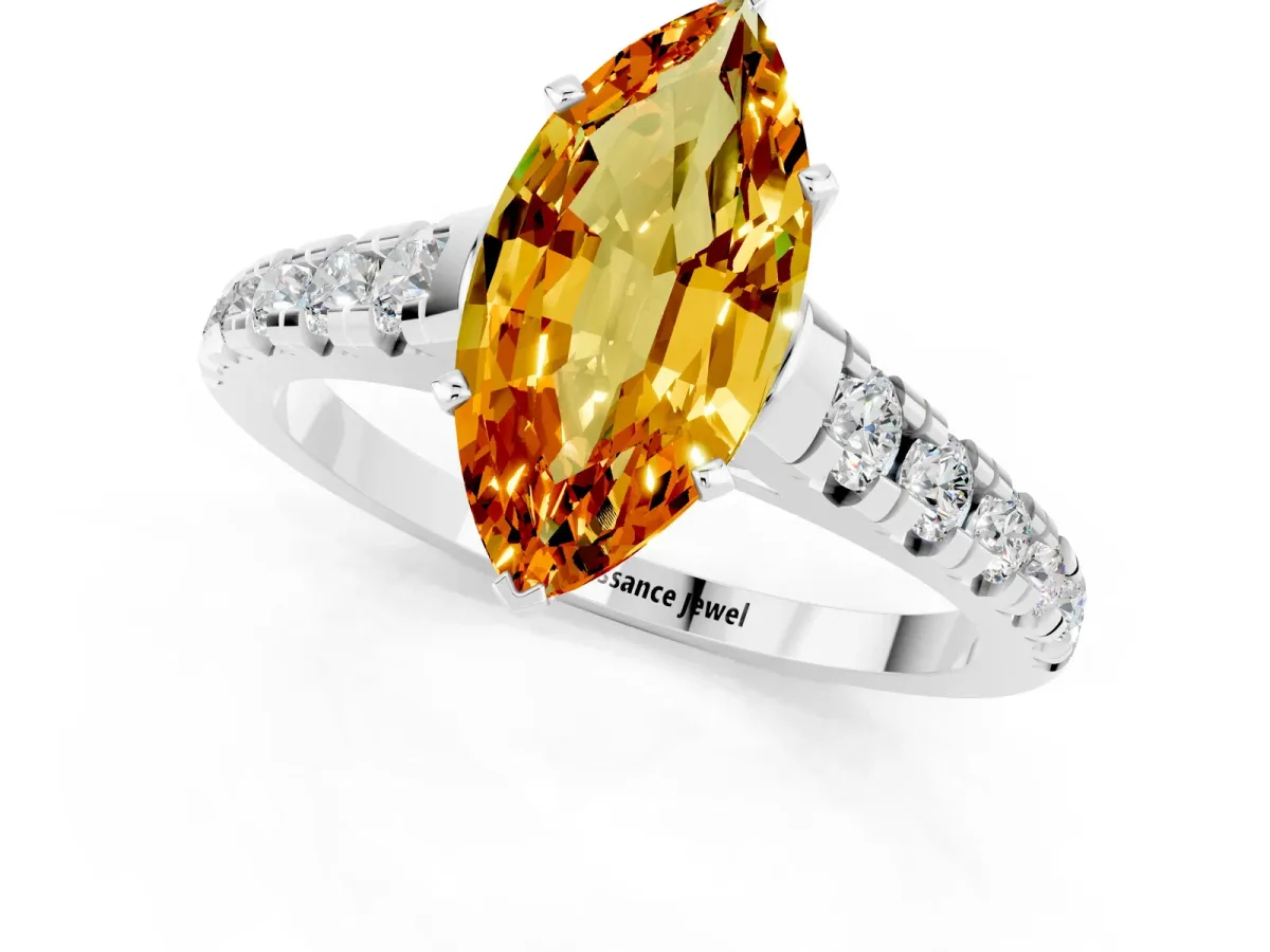 Marquise Cut Citrine Cathedral Solitaire Ring with Round Pavé Band Silver
