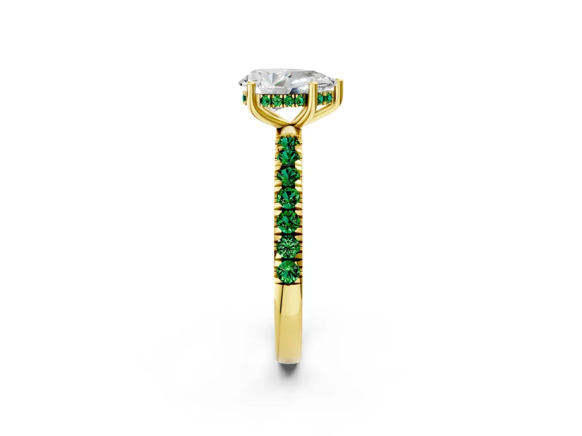 Pear Cut Diamond Pave Band Solitaire Ring with Round Emerald and Prong Setting Yellow gold