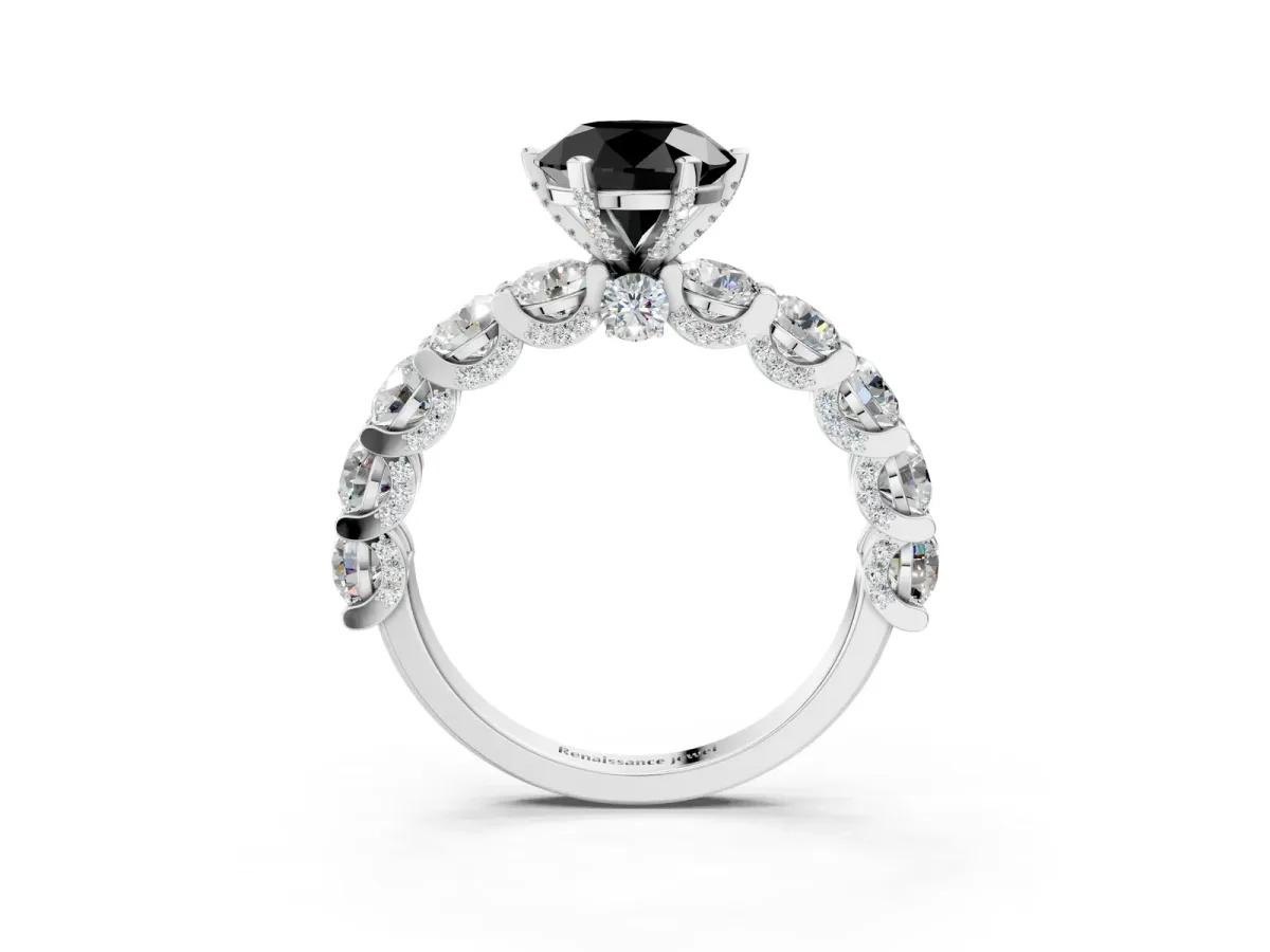Fancy Black Round Cut Diamond Side Stone Engagement Ring with Four-Prong Setting Silver