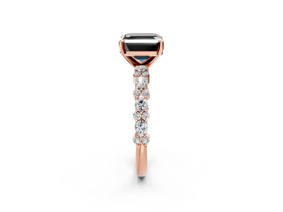 Fancy Black Asscher Cut Diamond Side Stone Solitaire Ring with Round and Four-Prong Setting Rose gold