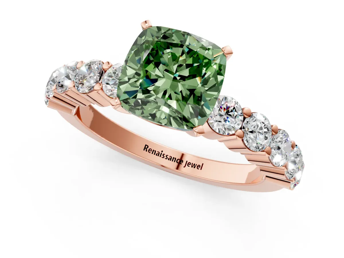 Fancy Green Cushion Cut Diamond Solitaire Ring with Shared Prong Round Side Stones Rose gold