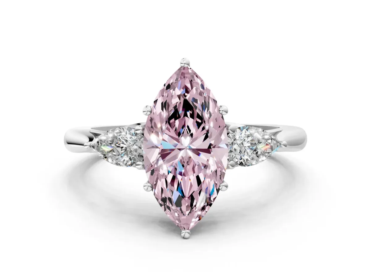 Fancy Pink Marquise Cut Diamond Three-Stone Ring with Pear Side Stones and Prong Setting White gold