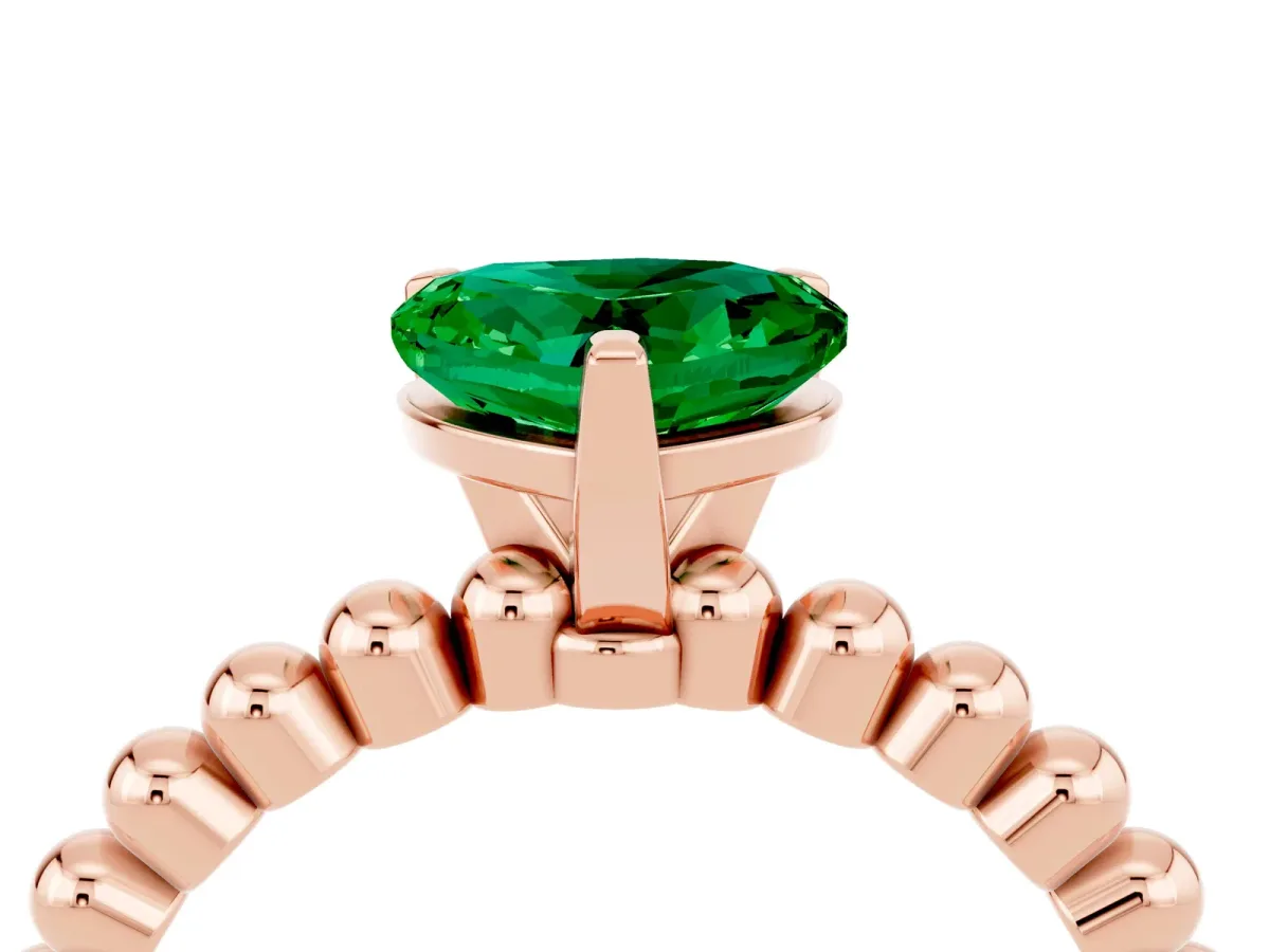 Heart Cut Emerald Solitaire Ring with Beaded Band and Prong Setting Rose gold