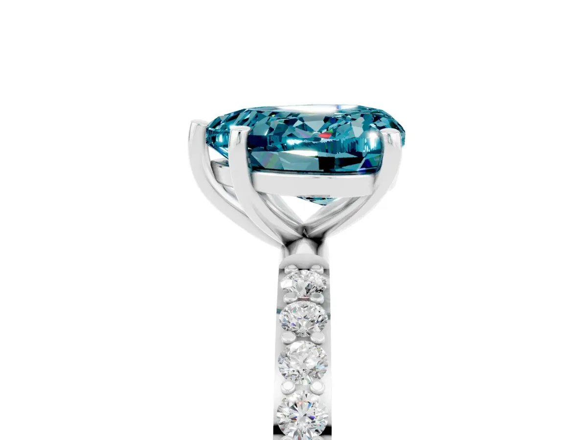 Heart Cut Blue Topaz Solitaire Ring with Round Pavé Band and Prong Setting Silver