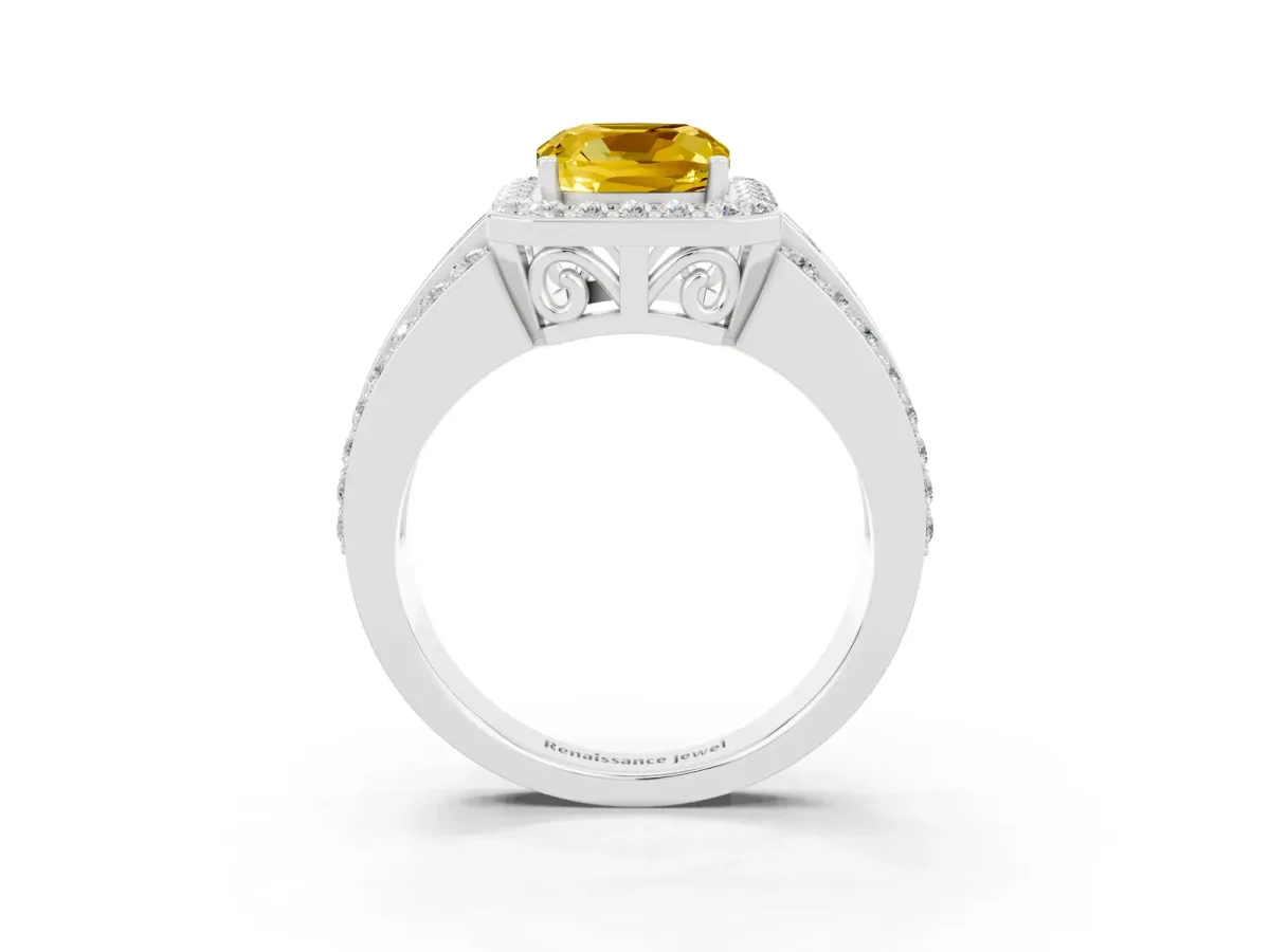 Cushion Cut Halo Yellow Sapphire Ring with Round Split Shank and Prong Setting Silver
