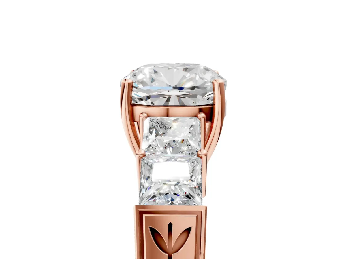Cushion Cut Solitaire Princess Side Stone Engraved Band Prong Setting Ring Rose gold