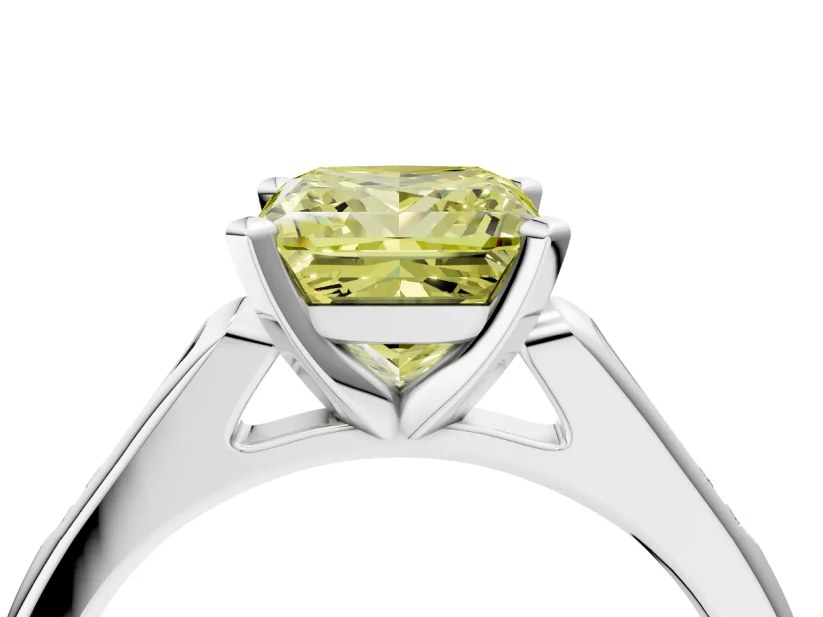 Fancy Yellow Princess Cut Diamond Solitaire Ring with Channel Set Round Band and Prong Setting Silver