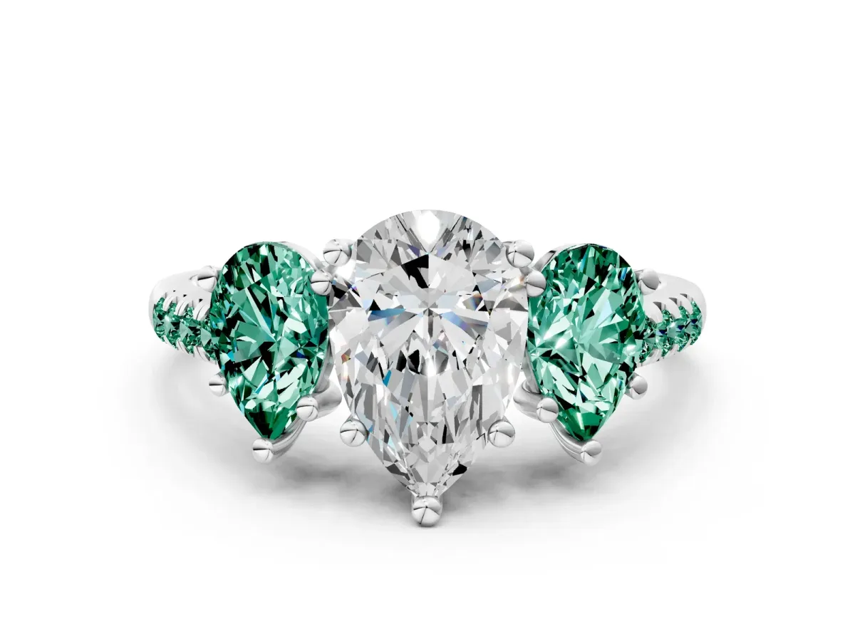 Three-Stone Pear Cut Diamond Ring with Round Green Sapphire Pavé Band and Prong Setting Silver
