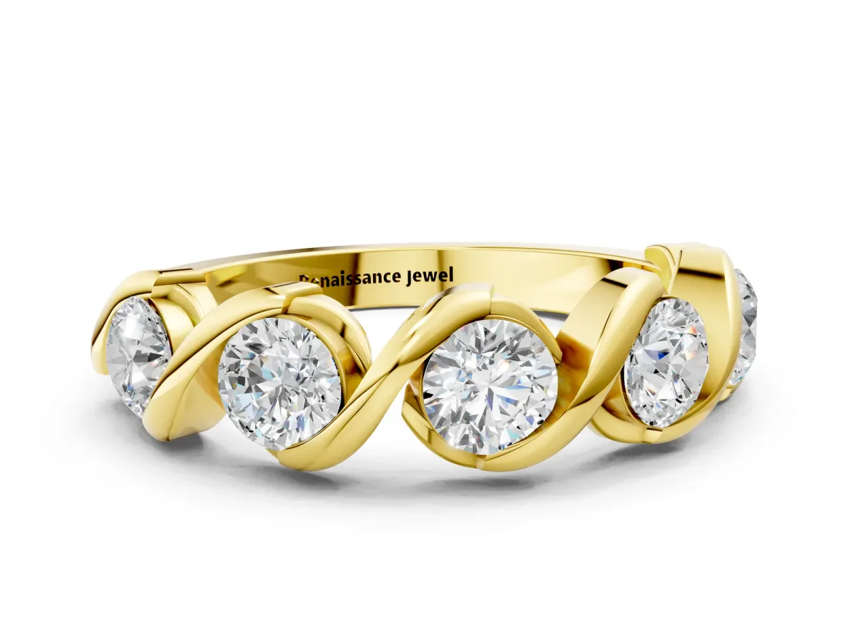 Round Diamond Wave Band with Channel Setting and Shared Prongs Yellow gold