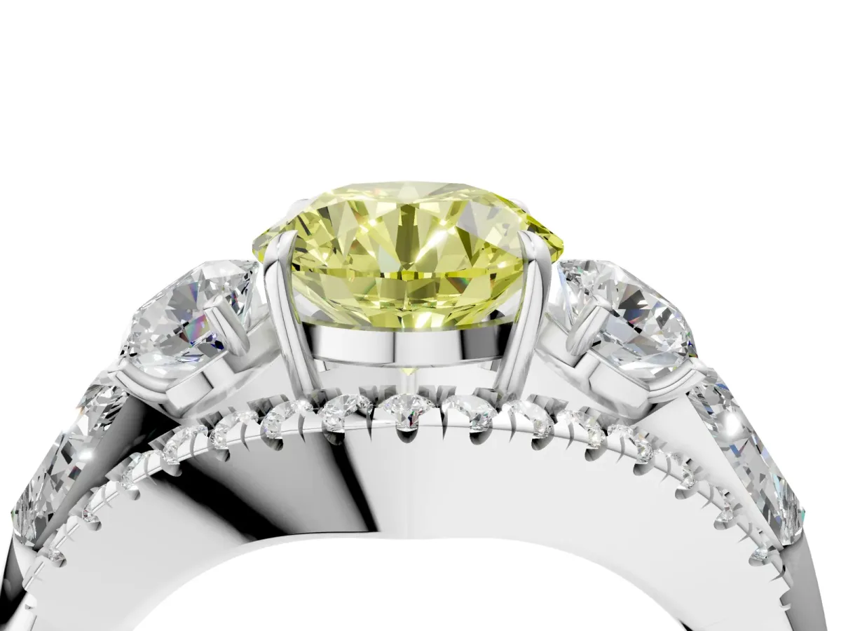 Fancy Yellow Three-Stone Round Cut Diamond Engagement Ring with Pave Band and Prong Setting Platinum