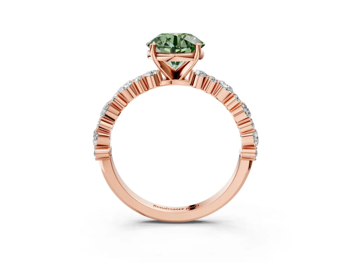 Fancy Green Round Cut Diamond Side Stone Solitaire Ring with Round and Four-Prong Setting Rose gold