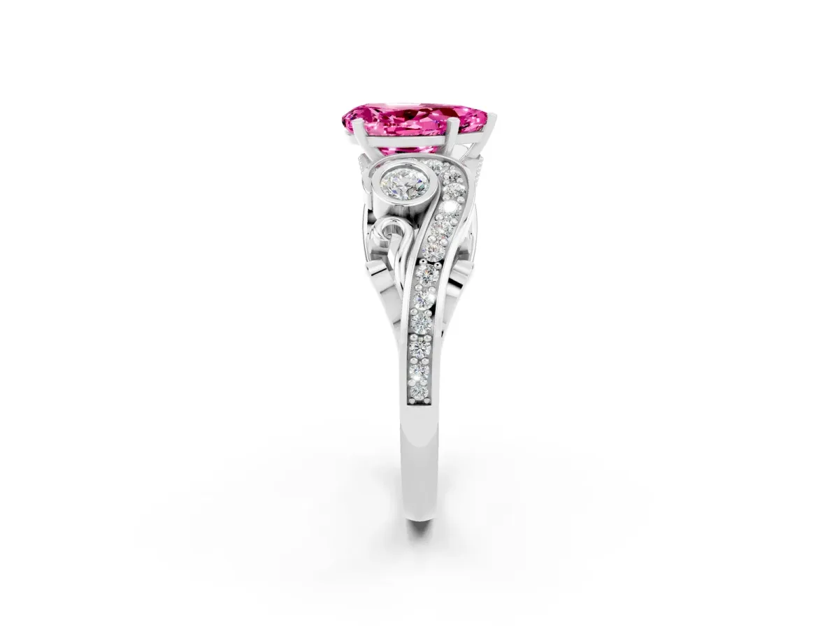 Pear Cut Pink Sapphire Solitaire Ring with Milgrain Pavé Band and Four-Prong Setting Silver