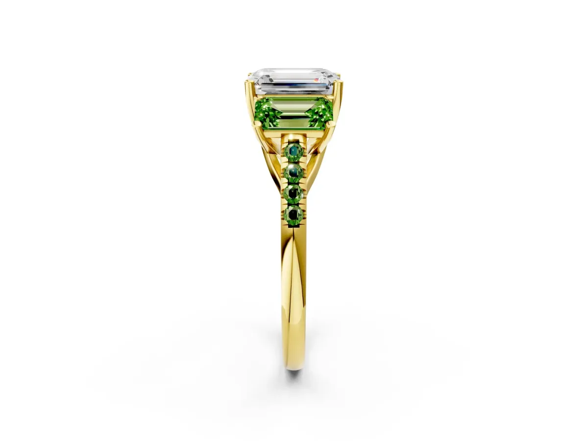 Three-Stone Emerald Cut Diamond Ring with Round Peridot Pavé Band and Prong Setting Yellow gold
