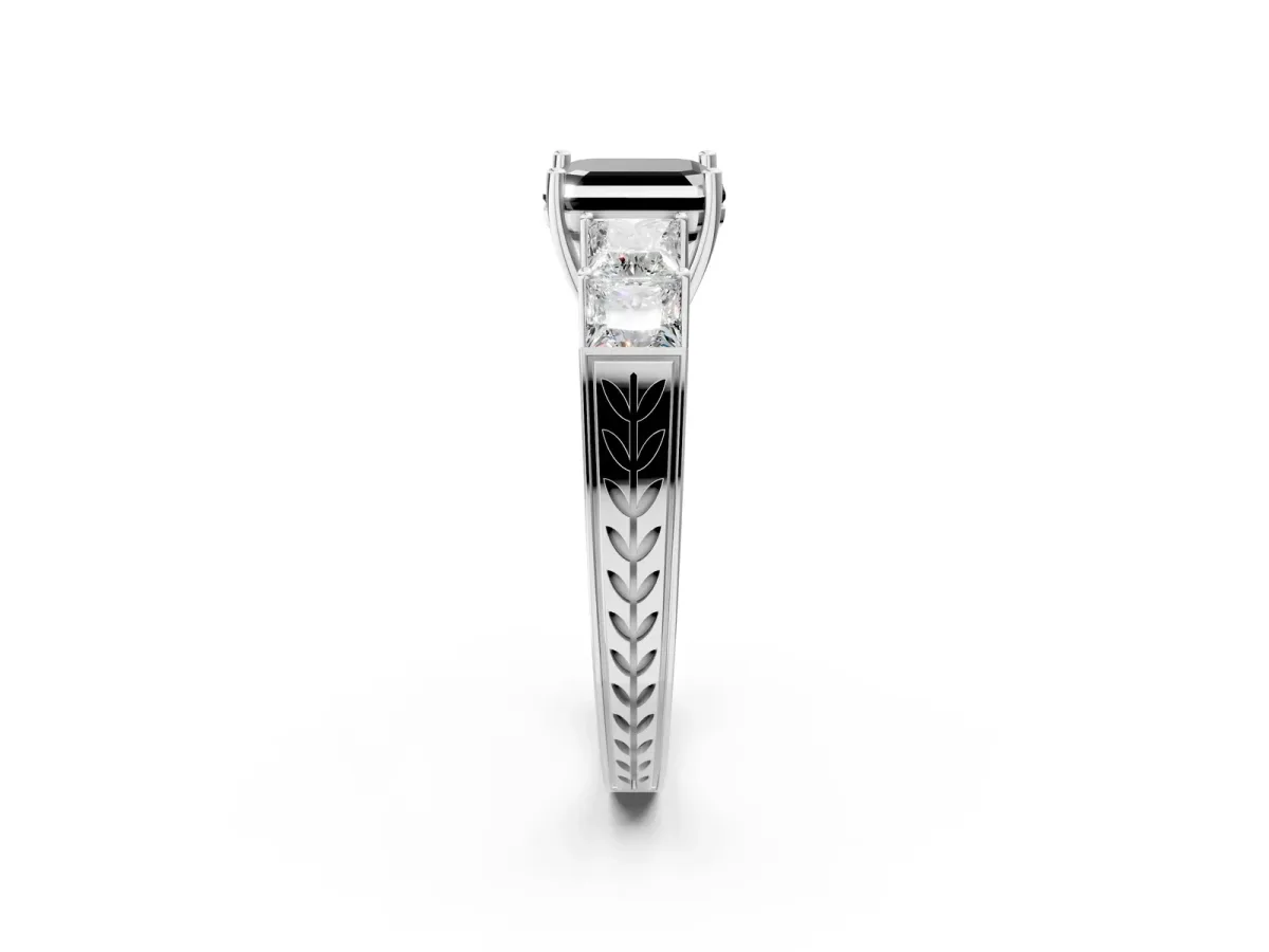 Fancy Black Asscher Cut Solitaire Princess Side Stone Engraved Band Prong Setting Ring Silver