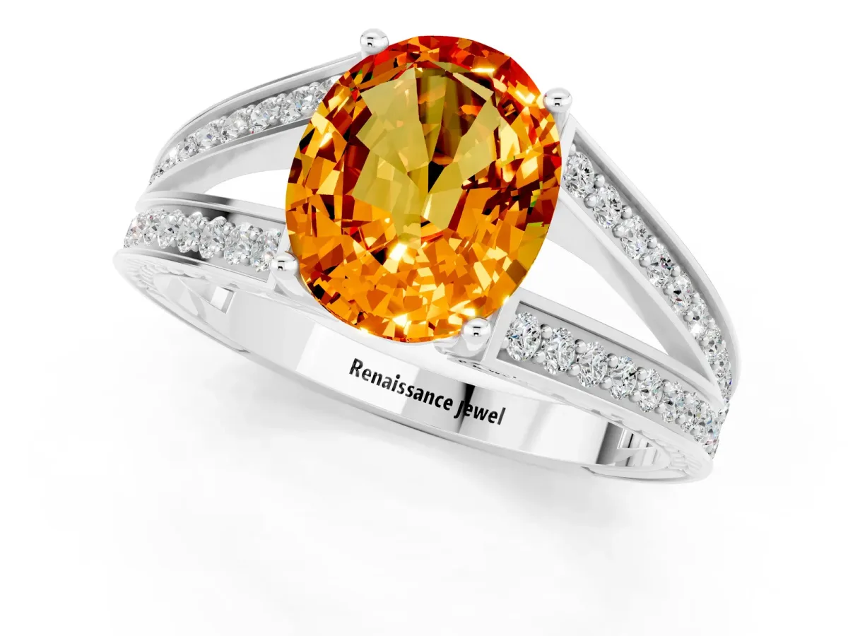 Oval Cut Citrine Split Shank Ring with Pavé Band and Four-Prong Setting White gold