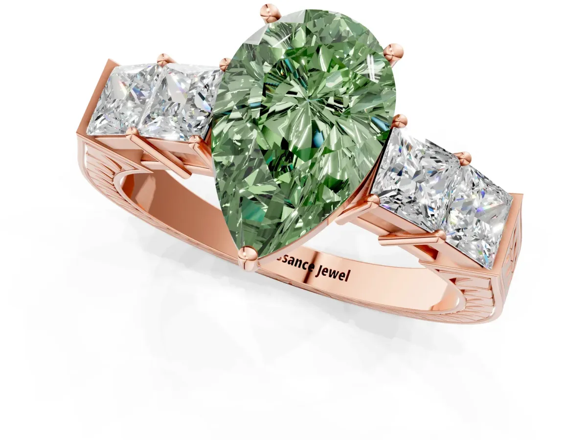 Fancy Green Pear Cut Solitaire Princess Side Stone Engraved Band Prong Setting Ring Rose gold