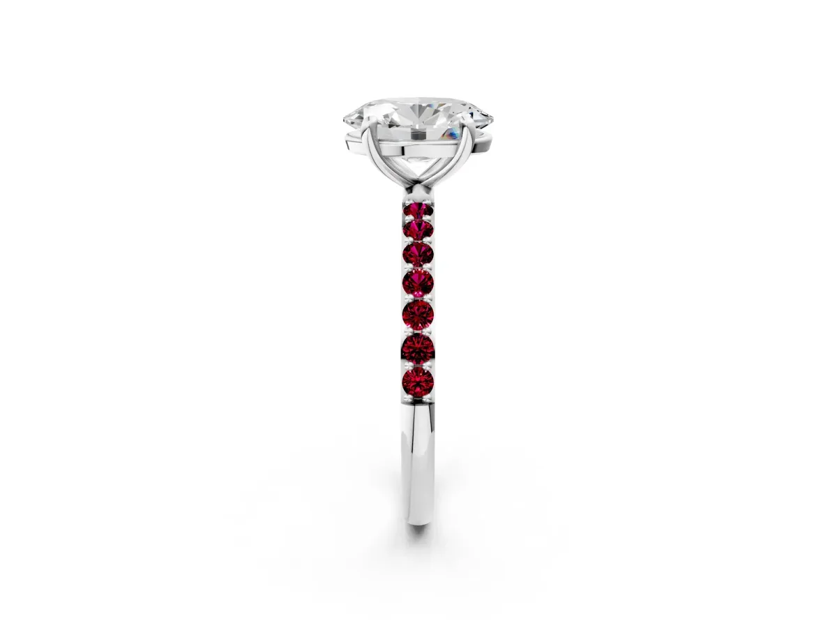 Oval Cut Diamond Solitaire Ring with Round Garnet Pavé Band and Prong Setting Silver
