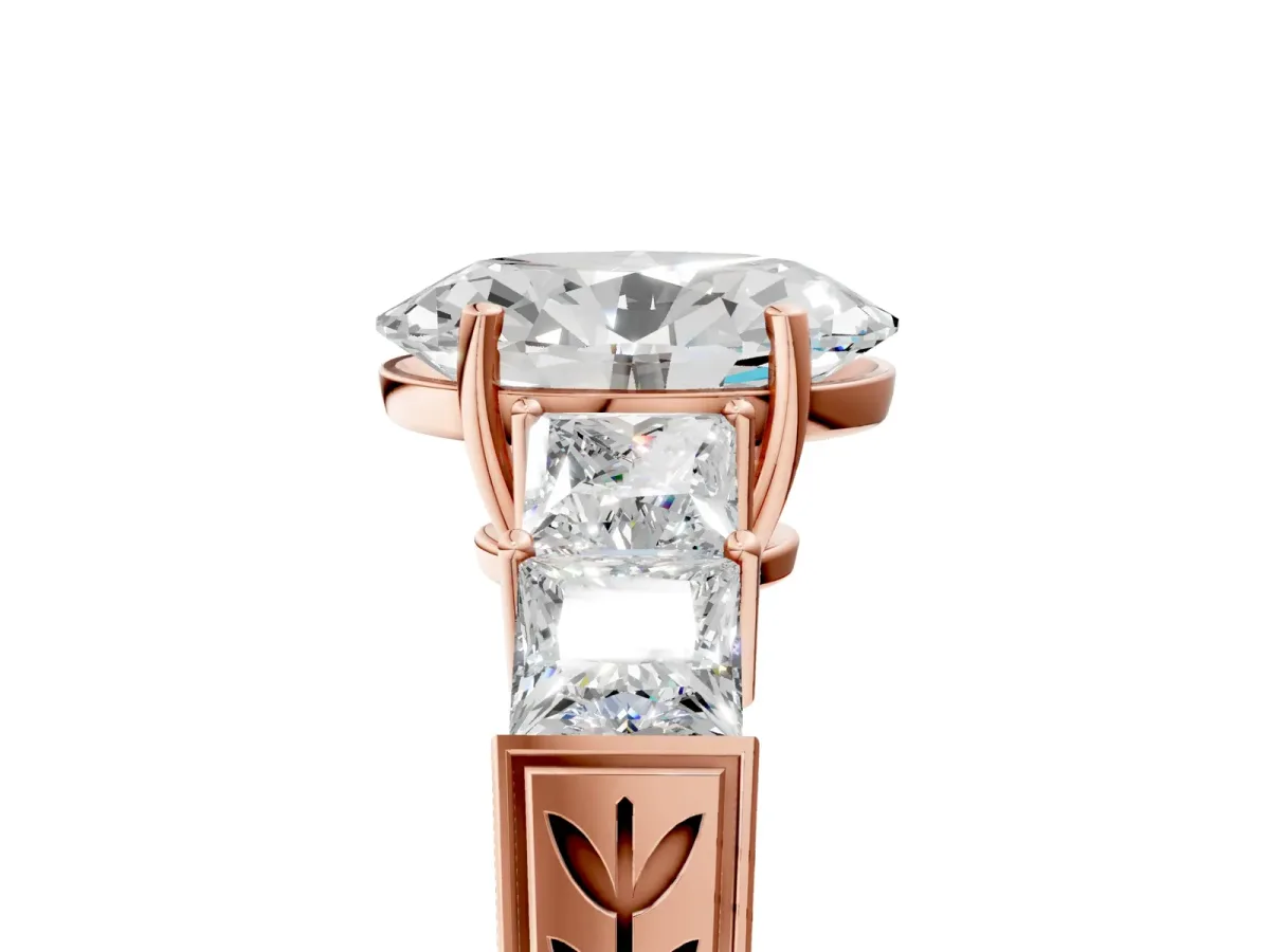Oval Cut Solitaire Princess Side Stone Engraved Band Prong Setting Ring Rose gold