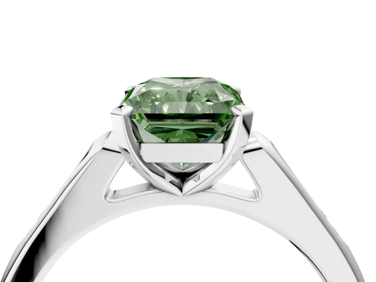 Fancy Green Radiant Cut Diamond Solitaire Ring with Channel Set Round Band and Prong Setting Silver