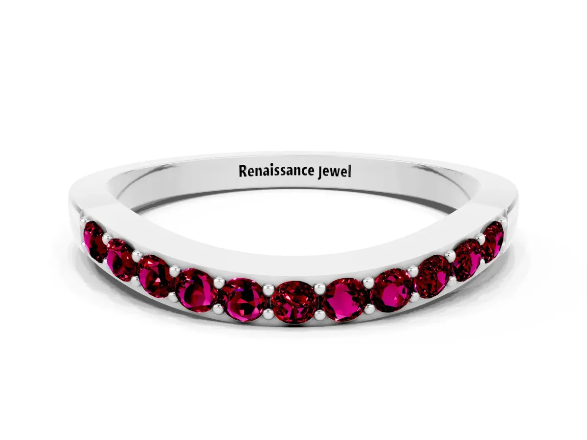 Round Garnet Curved Wedding Band with Channel Setting White gold