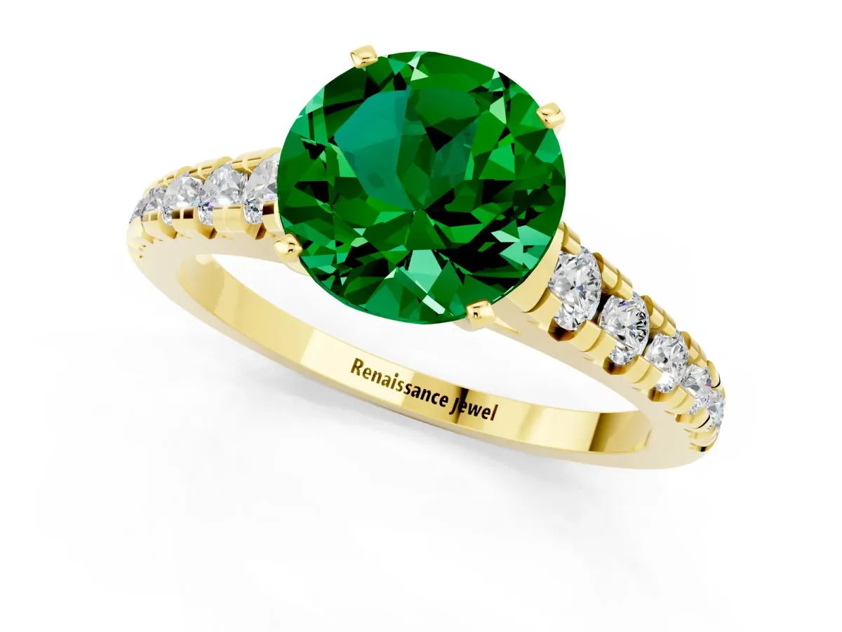 Round Cut Emerald Cathedral Solitaire Ring with Round Pavé Band Yellow gold