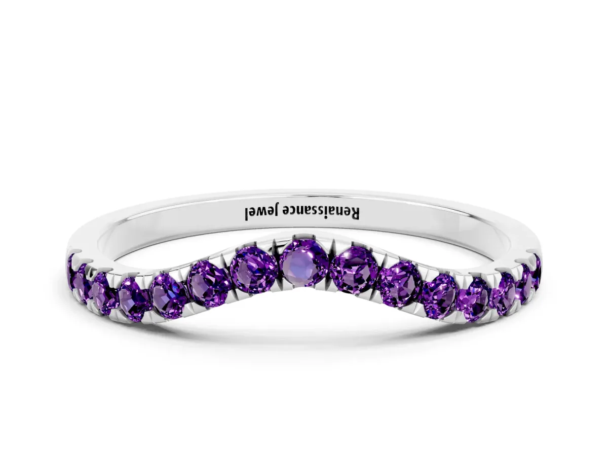 Curved Pavé Round Amethyst Wedding Band with Shared Prong Setting Platinum