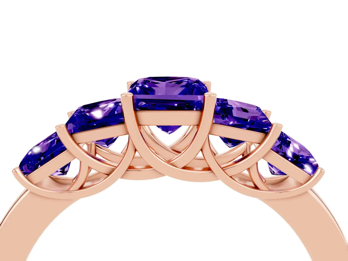 Princess Cut Five-Stone Tanzanite Ring with Classic Prong Setting Rose gold