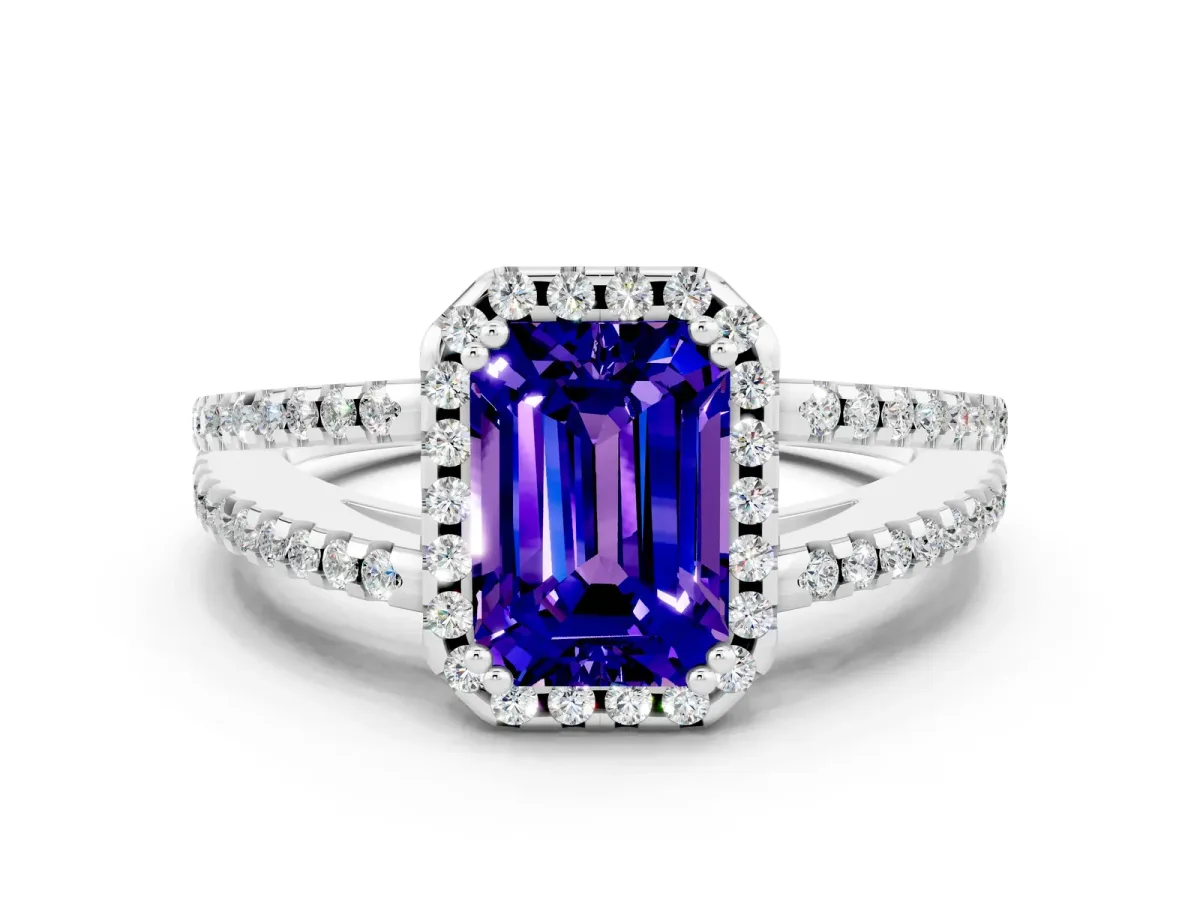 Emerald Cut Tanzanite Halo Split Shank Engagement Ring Platinum