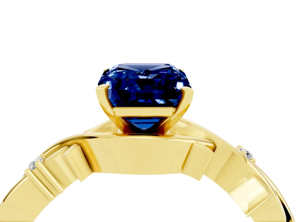 Emerald Cut Blue Sapphire Solitaire Ring with Twisted Band and Prong Setting Yellow gold