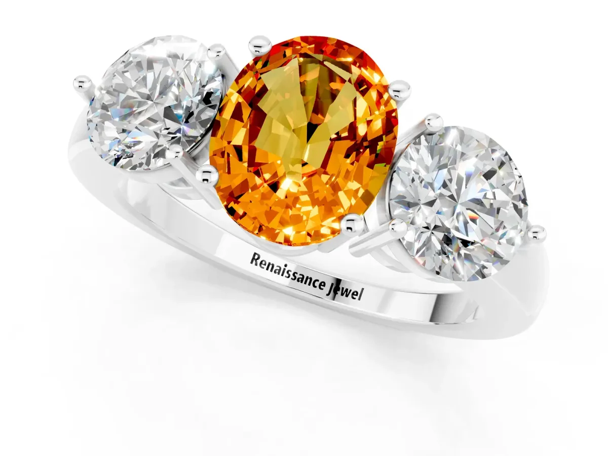 Oval Cut Citrine Three-Stone Ring with Prong Setting and Classic Band White gold