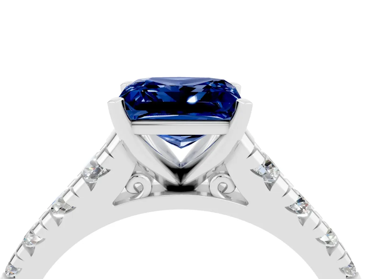 Princess Cut Blue Sapphire Cathedral Solitaire Ring with Round Pavé Band Silver