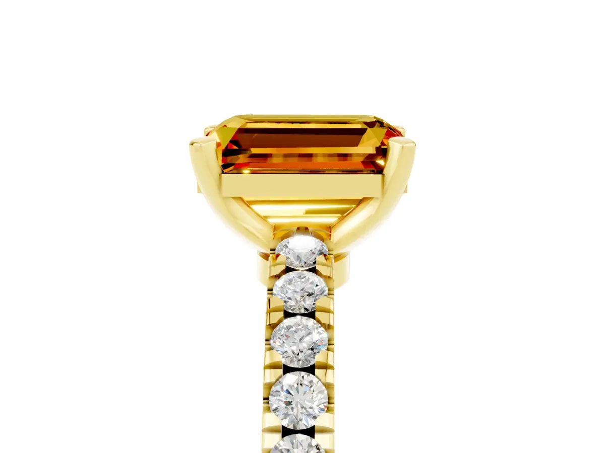 Emerald Cut Solitaire Citrine with Pavé Band and Four-Prong Setting Yellow gold