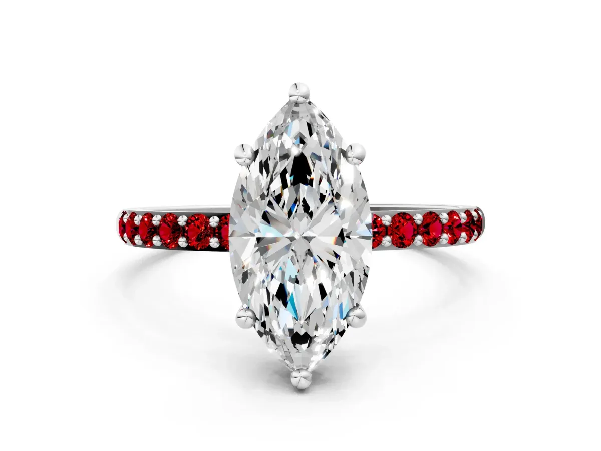 Marquise Cut Diamond Solitaire Ring with Round Ruby Pavé Band and Prong Setting Platinum