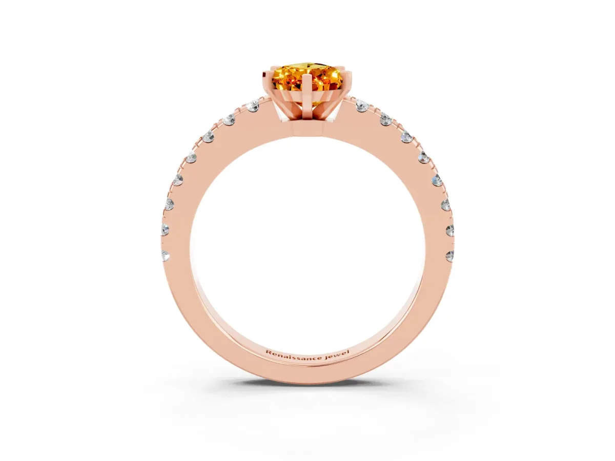 Pear Cut Solitaire Citrine with Pavé Band and Four-Prong Setting Rose gold