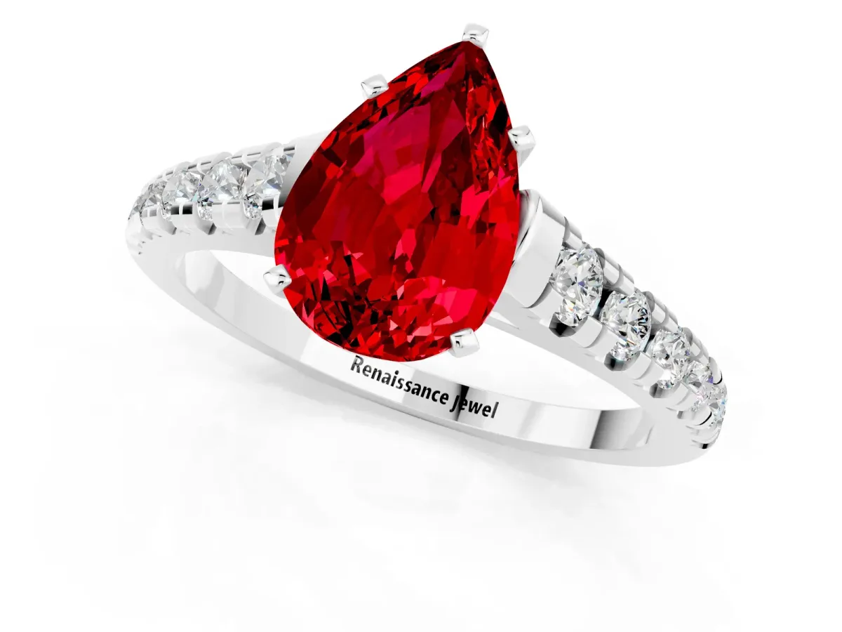 Pear Cut Ruby Cathedral Solitaire Ring with Round Pavé Band Platinum