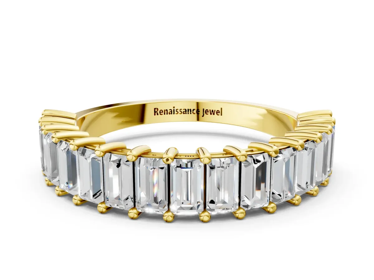 Baguette Cut Half Eternity Band with Shared Prong Setting Yellow gold