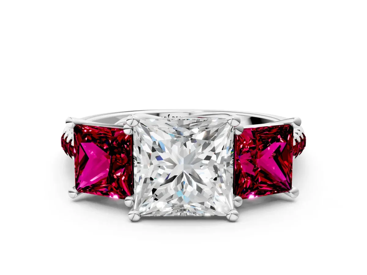 Three-Stone Princess Cut Diamond Ring with Round Garnet Pavé Band and Prong Setting Silver