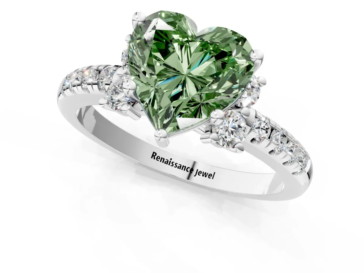 Fancy Green Heart Cut Diamond Three-Stone Pave Band with Four-Prong Setting Platinum