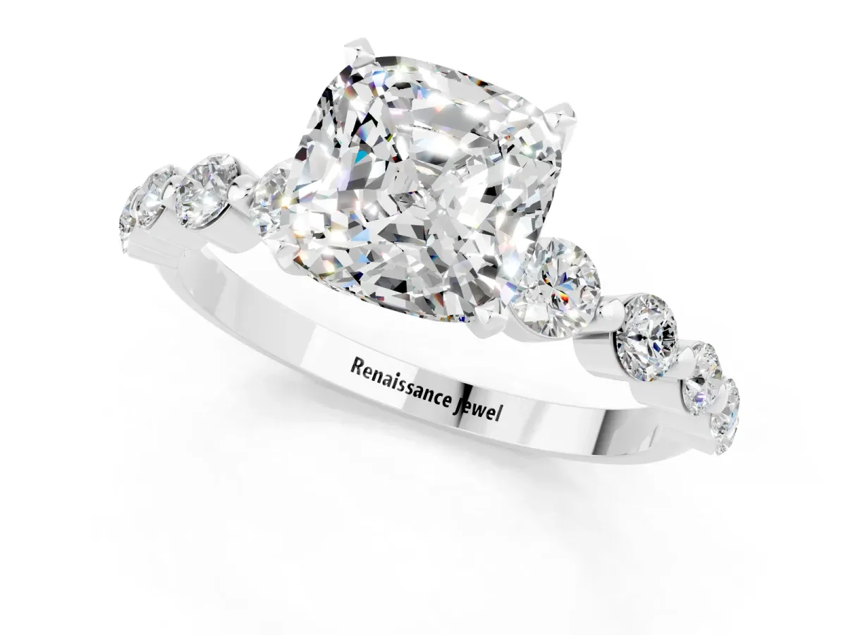 Cushion Cut Solitaire Moissanite Ring with Pave Band and Four-Prong Setting Silver