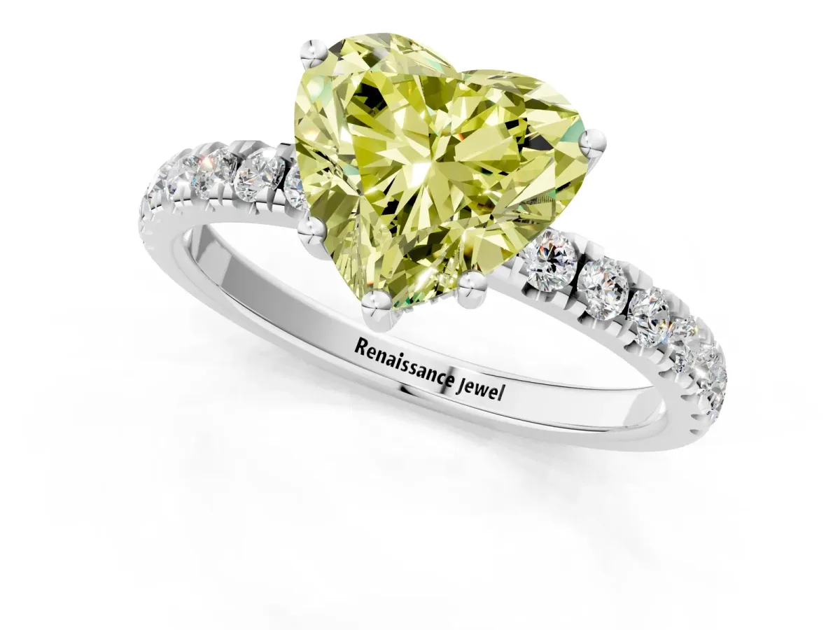 Fancy Yellow Heart Cut Diamond Pave Band Solitaire Ring with Round and Prong Setting Silver