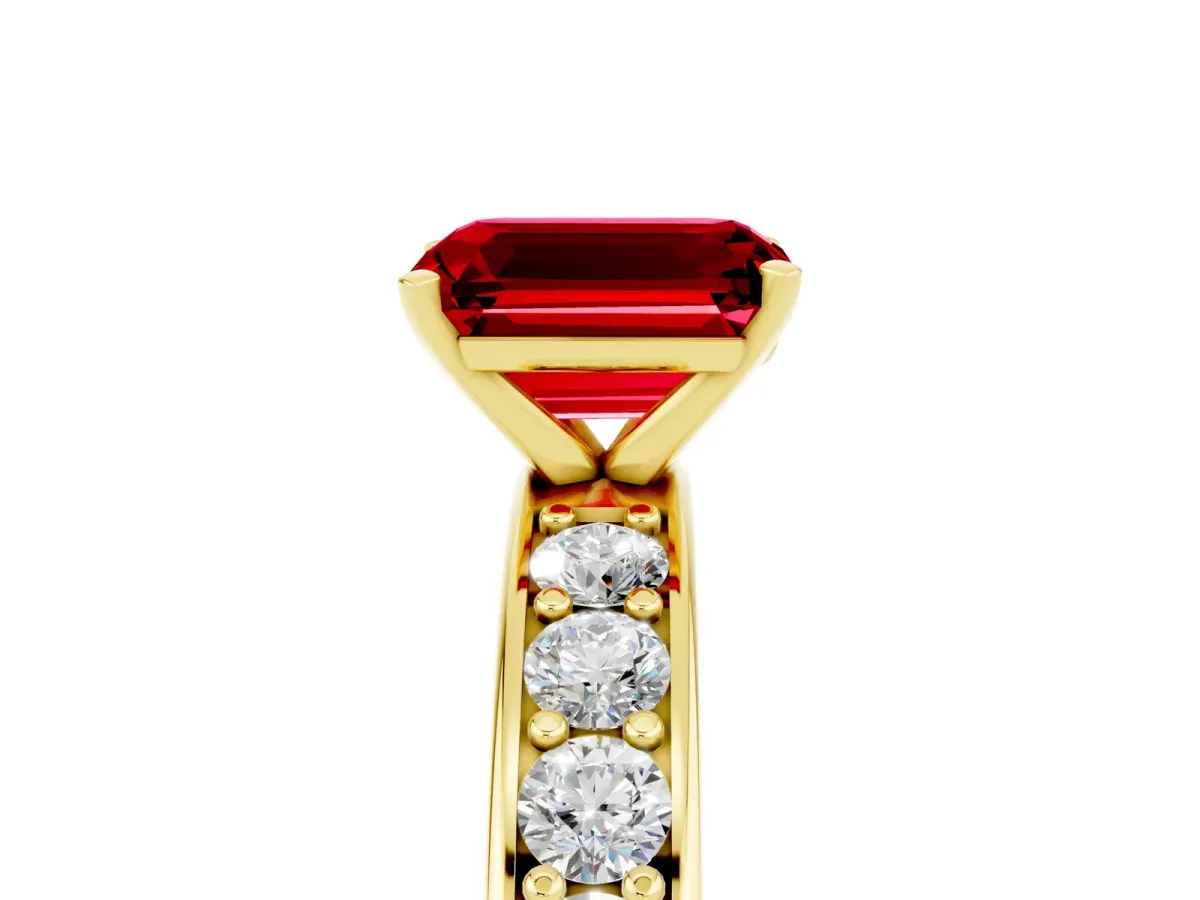 Emerald Cut Ruby Engagement Ring with Channel Set Round Band and Prong Setting Yellow gold