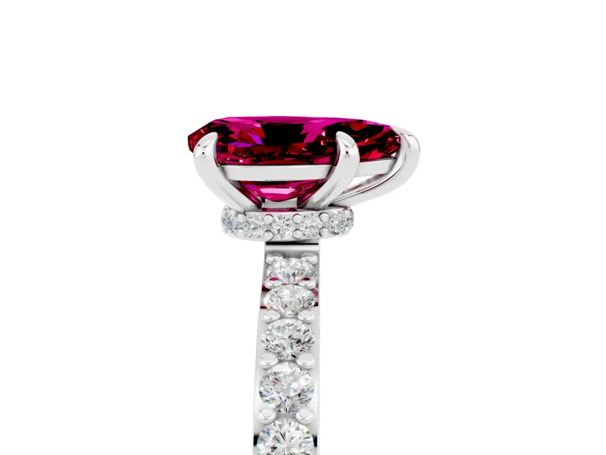 Pear Cut Garnet Solitaire Engagement Ring with Pavé Band and Four-Prong Setting Silver