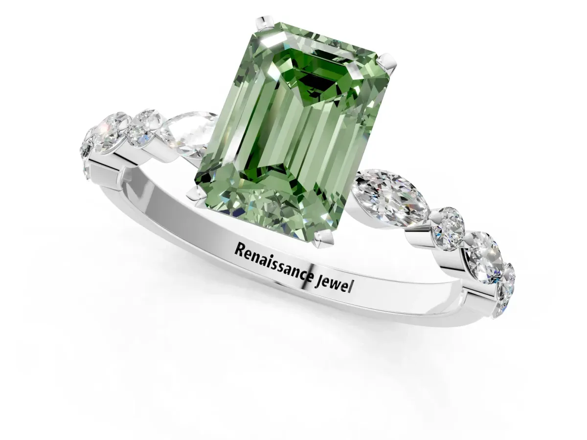 Fancy Green Emerald Cut Diamond Ring with Marquise and Round Side Stones and Four-Prong Setting Silver