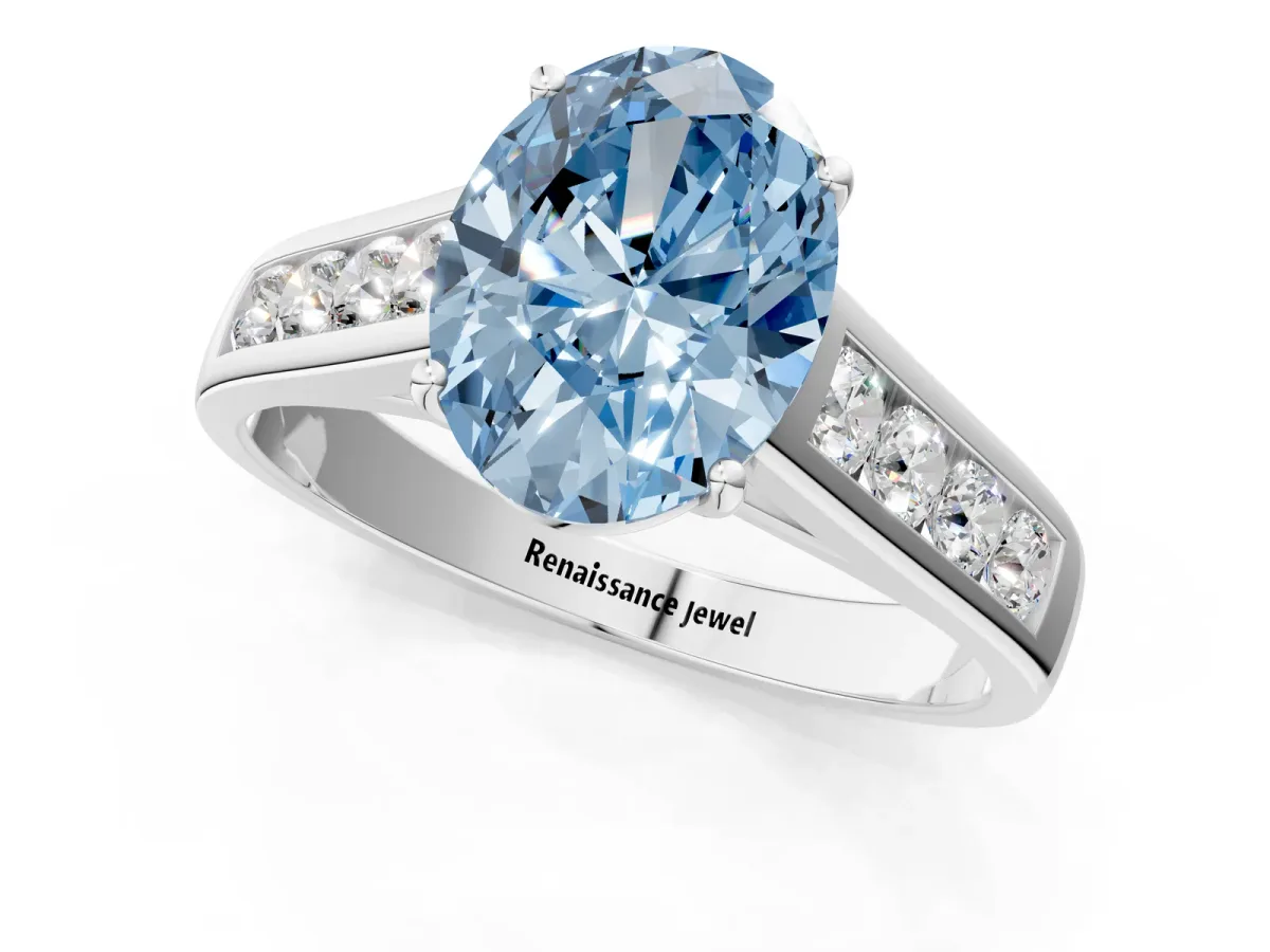 Fancy Blue Oval Cut Brilliant Channel-Set Solitaire Ring with Four-Prong Setting White gold