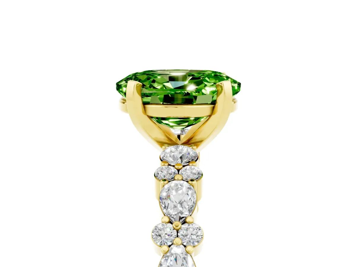 Oval Cut Peridot Side Stone Solitaire Ring with Round and Four-Prong Setting Yellow gold